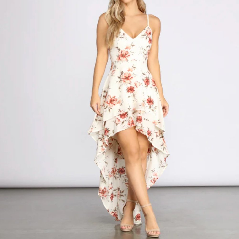 Woven Cream Floral High-Low Maxi Dress S